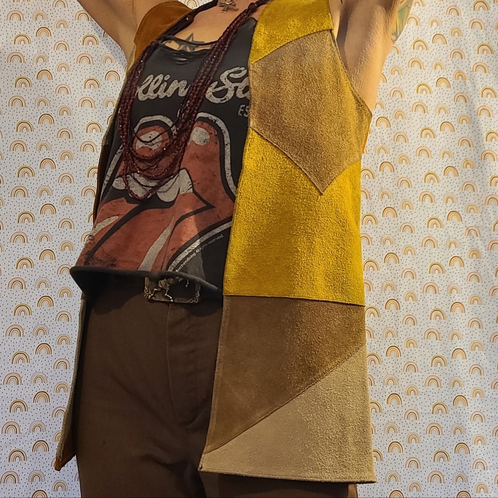 1970's Rare Vintage Open Front Patchwork Suede Vest S/M